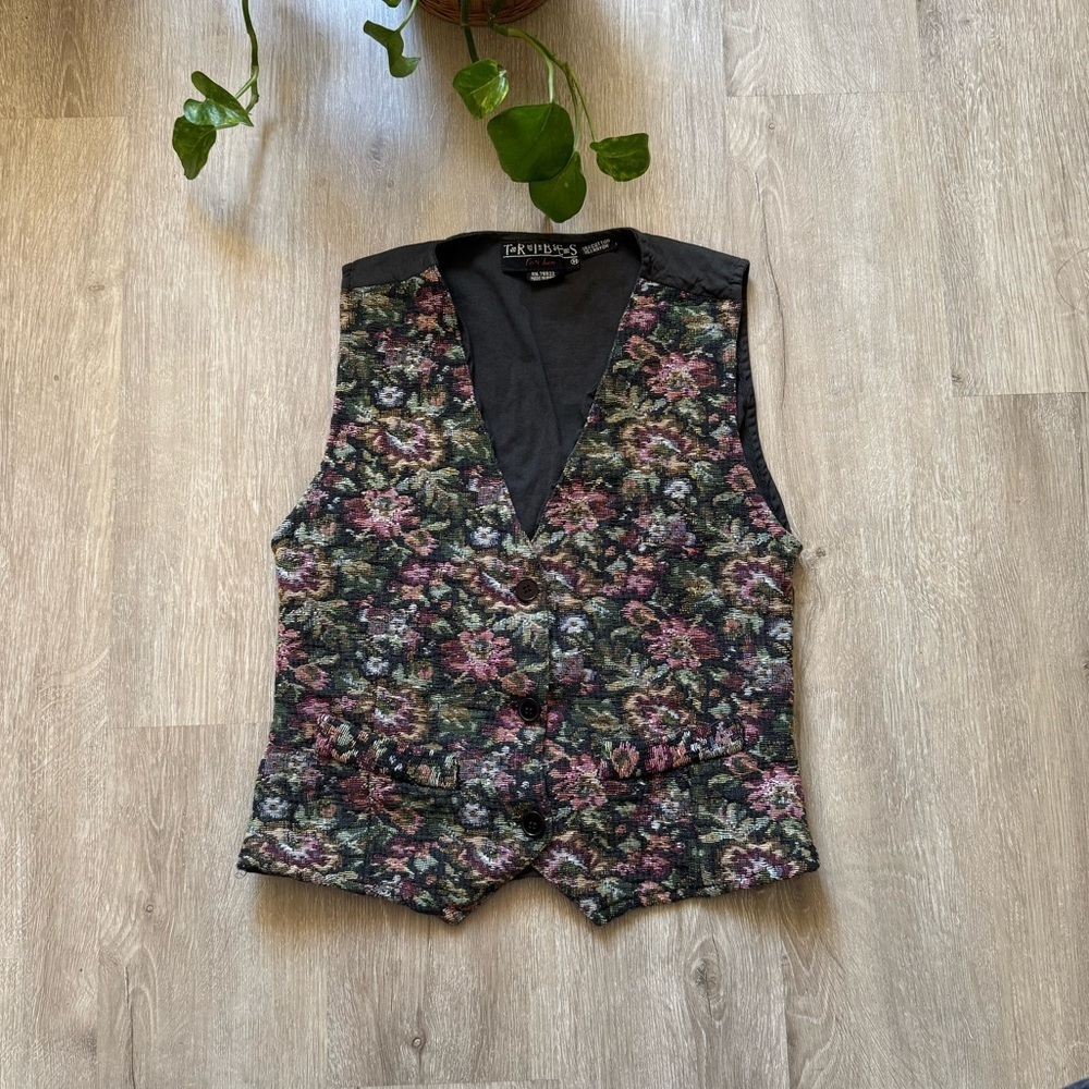 Vintage 90’s Floral Tapestry Vest Black and Pink
